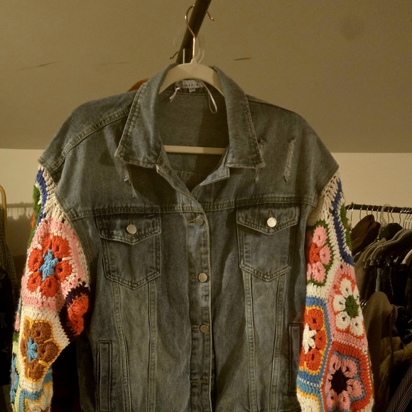 Miracle Denim Jacket with Multicolor Crochet Sleeves - Picture 2 of 7